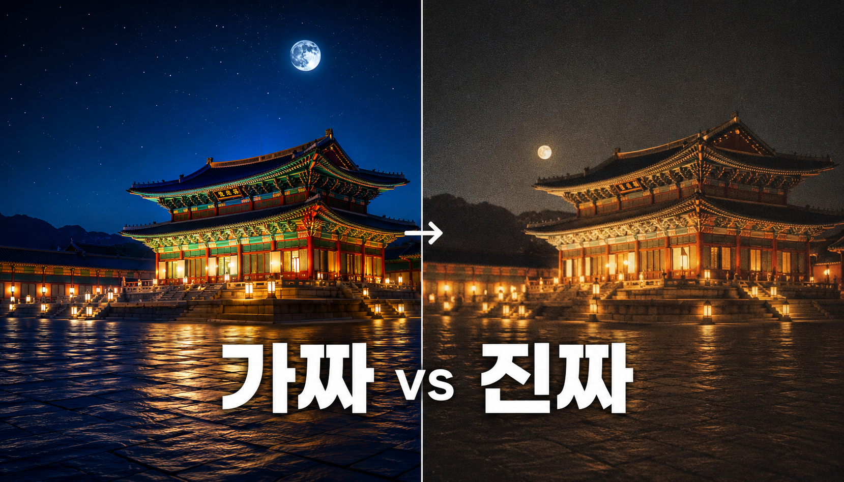 AI 사진 프롬프트에 카메라 레이어를 더해 비교한 경복궁 야간 가짜 vs 진짜 대표 이미지