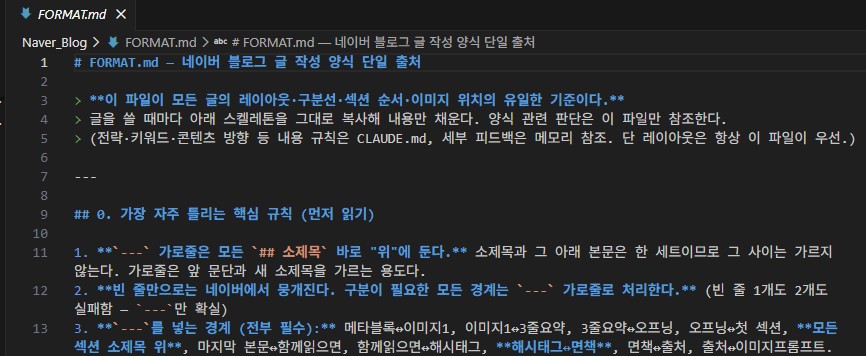 반복 실수를 교정할 때마다 추가한 규칙 문서 일부, 구분선 규칙