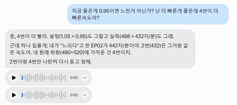 음성 속도 설정과 분당 글자 수를 비교하며 두 샘플을 다시 들어보는 대화